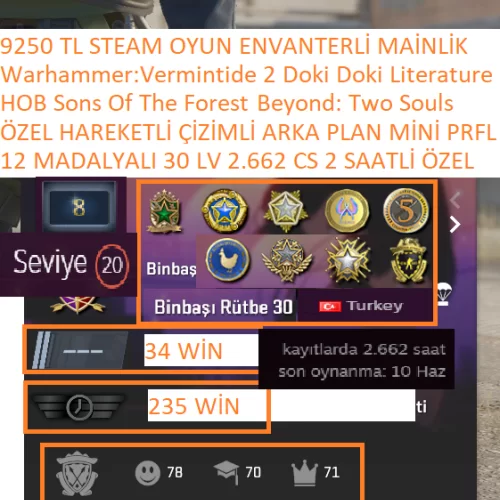  12 MADALYALI 30 LV ÖZEL ÇİZİMLİ 2.662 SAATLİ 290 TL CS 2 ENVANTERLİ
