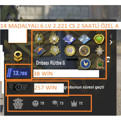  14 MADALYALI 6 LV 2.221 SAATLİ MAİLLİ MAİNLİK HESAP ACC