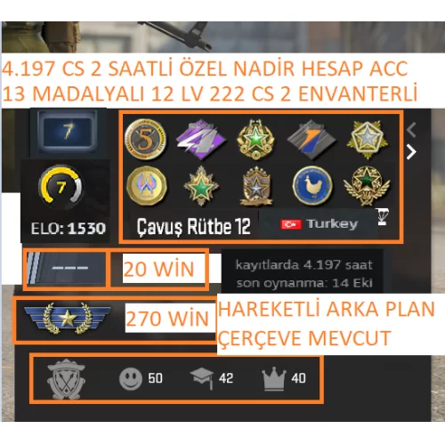 13 MADALYALI 12 LV 4.197 CS 2 SAATLİ 222 CS 2 ENVANTERLİ MAİLLİ