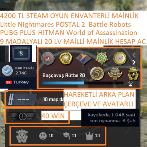  9 MADALYALI 20 LV PUBG PLUS Little Nightmares 4200 TL STEAM OYUN