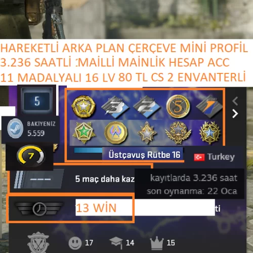  11 MADALYALI 16 LV 3.236 SAATLİ CS GO MAİLLİ MAİNLİK HESAP ACC
