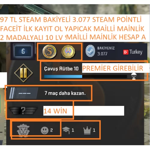  2 MADALYALI 10 LV 97 TL CS 2 ENVANTERLİ FACEİT İLK KAYIT OL YAPICAK