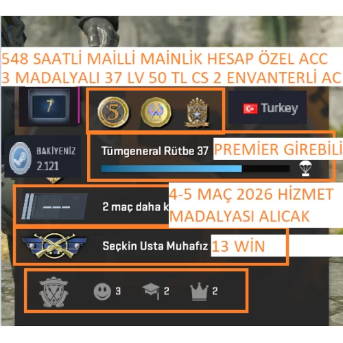  3 MADALYALI 37 LV 548 SAATLİ 50 TL CS 2 ENVANTERLİ MAİLLİ MAİNLİK