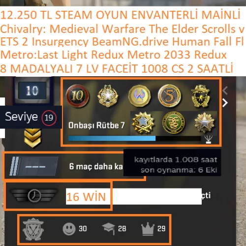 8 MADALYALI 7 LV FACEİT 1008 SAATLİ ETS 2 Metro:Last Light Redux-2033