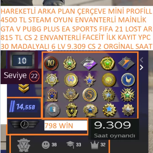  30 MADALYALI 6 LV FACEİT 9.309 CS 2 SAATLİ SERİ MADALYA GTA V PUBG PLUS