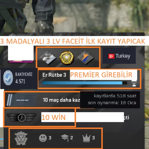  3 MADALYALI 3 LV 45 TL BAKİYELİ FACEİT İLK KAYIT YAPICAK MAİLLİ