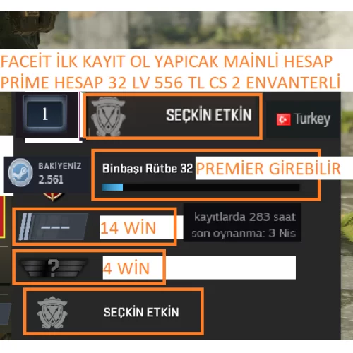  PRİME HESAP 32 LV 556 TL CS 2 ENVANTERLİ FACEİT İLK KAYIT OL