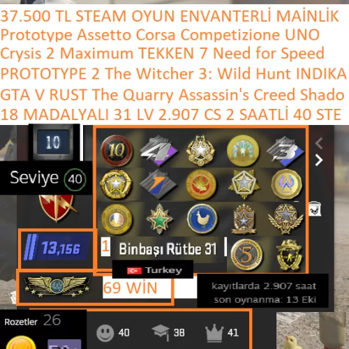 18 MADALYALI 31 LV 2.907 CS 2 SAATLİ GTA V RUST The Quarry Assassin
