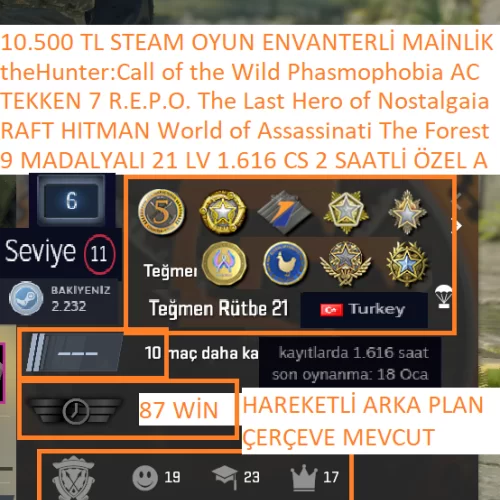  9 MADALYALI 21 LV FACEİT 1.616 CS 2 SAATLİ RAFT HITMAN World of