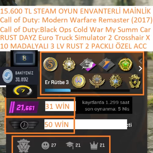  10 MADALYALI 3 LV RUST 2 PACK DAYZ ETS 2 Call of Duty:Black Ops Cold Wa