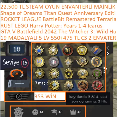  19 MADALYALI 5 LV 550+475 TL CS 2 VE DOTA 2 ENVTERLİ GTA V RUST