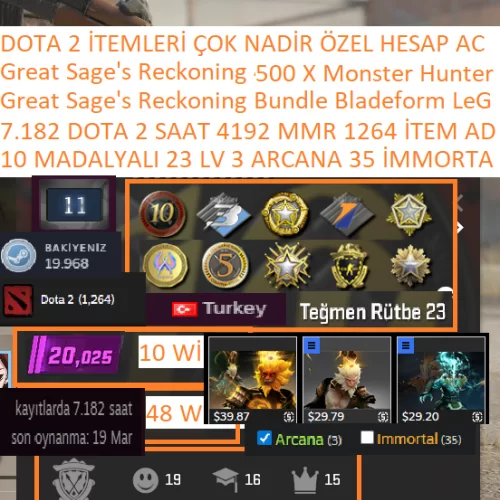  10 MADALYALI 23 LV 7.182 DOTA 2 4192 MMR 3 ARCANA 35 İMMORTAL 1264 AD