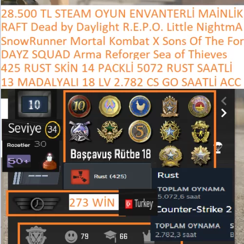  13 MADALYALI 18 LV 5075 RUST SAAT 425 SKİN 14 PACK RUST DAYZ SQUAD
