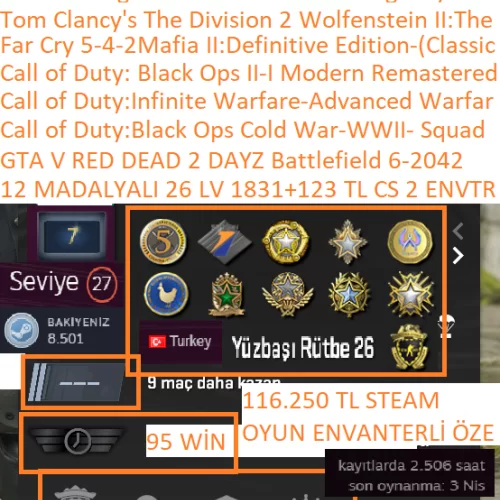  12 MADALYALI 26 LV 1831+123 TL CS 2 ENVTERLİ GTA V RED DEAD 2 DAYZ Cal