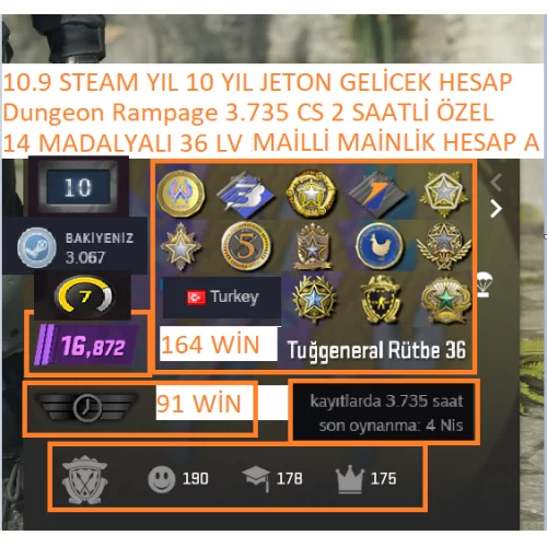  14 MADALYALI 36 LV 3.735 CS 2 SAATLİ MAİLLİ MAİNLİK HESAP STEAM LV 8