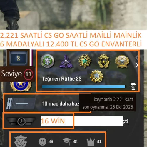  6 MADALYALI 23 LV 12.400 TL CS GO ENVANTERLİ 2.221 SAATLİ MAİLLİ