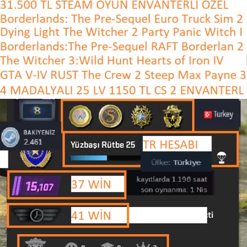  4 MADALYALI 25 LV TR 1150 TL CS 2 ENVANTERLİ GTA V-IV RUST The Witcher