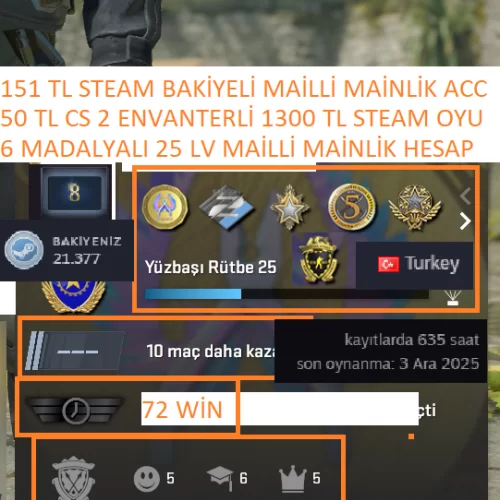  6 MADALYALI 25 LV 151 TL STEAM BAKİYELİ 1300 TL STEAM OYUN