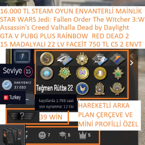 15 MADALYALI 22 LV FACEİT 750 TL CS 2 ENVANTERLİ GTA V PUBG PLUS