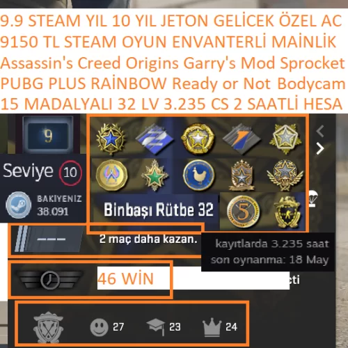  15 MADALYALI 32 LV 3.235 CS 2 SAATLİ PUBG PLUS RAİNBOW Assassin\s Creed
