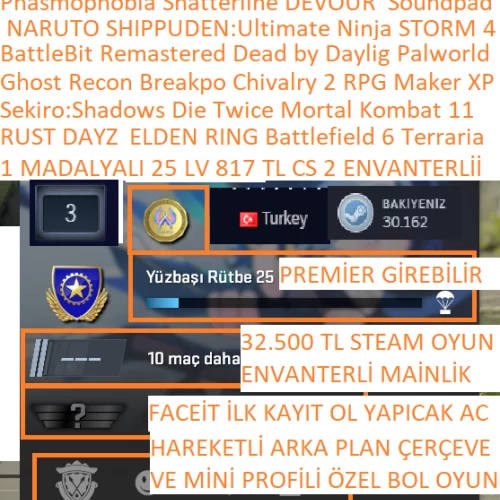  1 MADALYALI 25 LV FACEİT 817 TL CS 2 ENVANTERLİ RUST DAYZ Battlefield 6