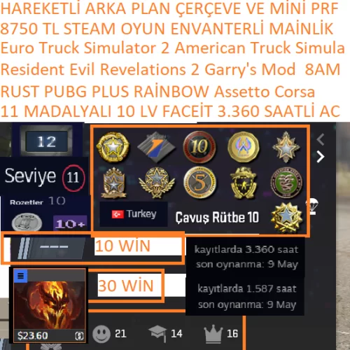  11 MADALYALI FACEİT 3.360 SAATLİ RUST PUBG PLUS RAİNBOW DOTA 2 1 AD
