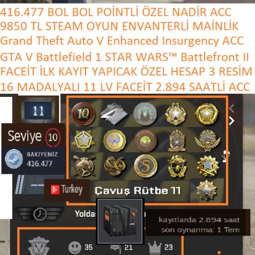  16 MADALYALI 11 LV FACEİT 416 K ÖZEL POİNTLİ GTA V BF 1 STAR WARS