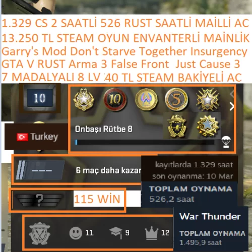  7 MADALYALI 8 LV GTA V RUST ARMA 3 13.250 TL STEAM OYUN ENVANTERL