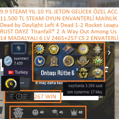  14 MADALYALI 6 LV 2465+257 TL CS 2 ENVANTERLİ VE BAKİYE RUST DAYZ