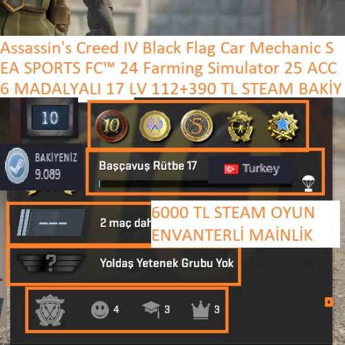  6 MADALYALI 17 LV 390+112 STEAM BAKİYE VE CS 2 ENVATERLİ Assassin\s