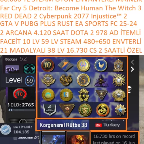  21 MADALYALI 38 LV 16.730 CS 2 SAATLİ 2 AD ARCANA GTA V PUBG PLUS