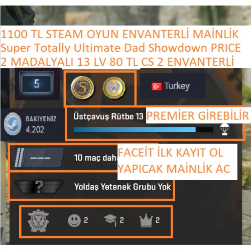  2 MADALYALI 13 LV 80 TL CS 2 ENVANTERLİ FACEİT İLK KAYIT YAPICAK 1100 TL