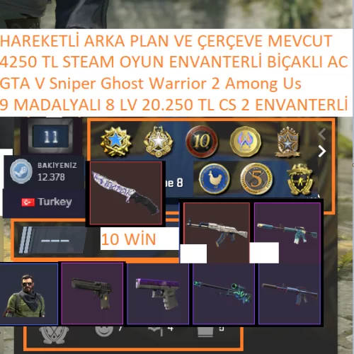  9 MADALYALI 8 LV 20.250 TL CS 2 ENVANTERLİ BİÇAKLI GTA V Sniper Ghost