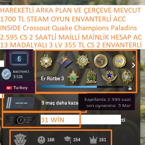 13 MADALYALI 3 LV 355+79 TL CS 2 ENVANTERLİ 2.595 CS 2 SAATLİ 1700 TL