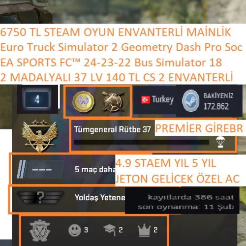  2 MADALYALI 37 LV 140 TL CS 2 ENVANTERLİ 172 K POİNT EA SPORTS