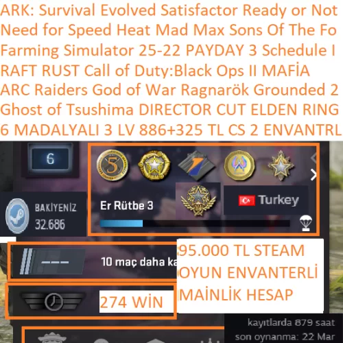  6 MADALYALI 3 LV 886+325 TL CS 2 ENVANTERLİ VE STEAM CARD ARC Raiders