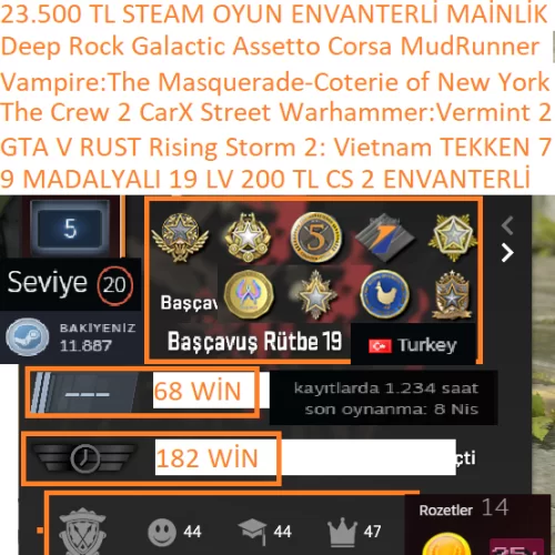  9 MADALYALI 19 LV 200 TL GTA V RUST TEKKEN 7 The Crew 2 CarX Street