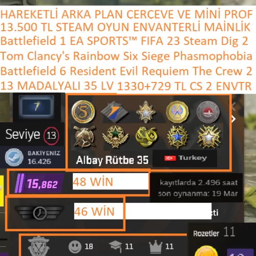  13 MADALYALI 35 LV 1330 TL CS 2 ENVANTERLİ Battlefield 6-1 Resident Evil