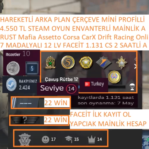  7 MADALYALI 12 LV FACEİT 1.131 CS 2 SAATLİ RUST MAFİA Assetto Corsa 4550 T