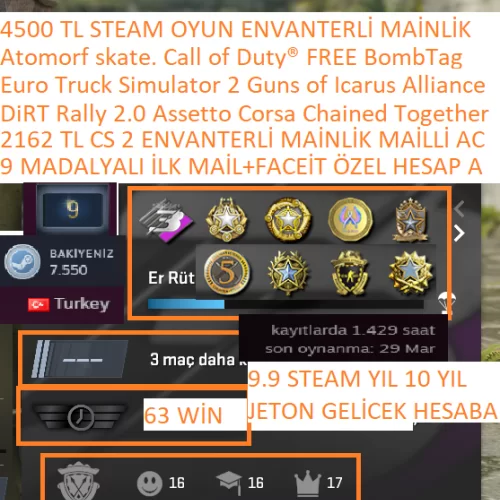  9 MADALYALI İLK MAİL+FACEİT 5 LV 2162 TL CS 2 ENVANTERLİ ETS 2 DiRT