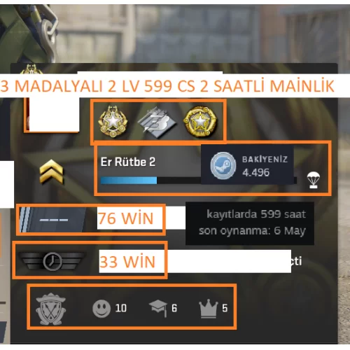 3 MADALYALI 2 LV 599 CS 2 SAATLİ 4.496 STEAM POİNTLİ MAİLLİ MAİNLİK