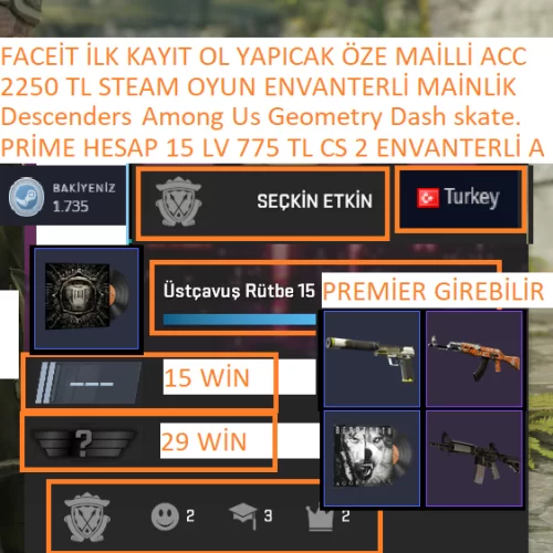  PRİME HESAP 15 LV 775 TL CS 2 ENVANTERLİ FACEİT Descenders Among Us
