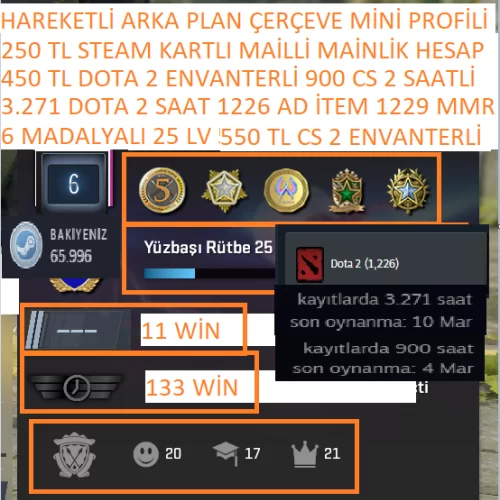  6 MADALYALI 25 LV 550+450+250 TL CS 2 DOTA 2 VE STEAM ENVANTERLİ 3.271