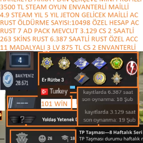  11 MADALYALI 6.387 RUST SAATLİ 263 SKİNLİ 7 PACKLİ 3.129 CS 2 SAATLİ