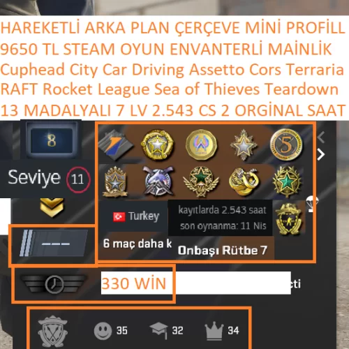  13 MADALYALI 7 LV 2.543 CS 2 SAATLİ RAFT Rocket League Sea of Thieves