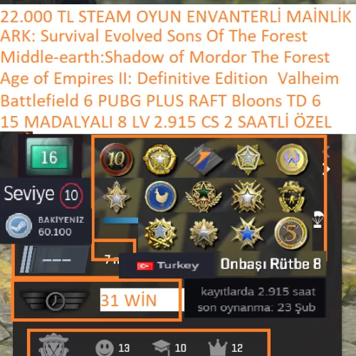 15 MADALYALI 8 LV Battlefield 6 PUBG PLUS RAFT Valheim 22.000 TL STEAM OYUN