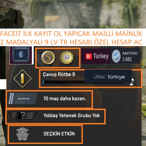  2 MADALYALI 9 LV TR HESABI FACEİT İLK KAYIT YAPICAK MAİLLİ MAİNLİK