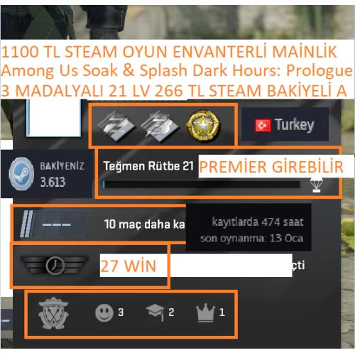  3 MADALYALI 21 LV 266 TL STEAM BAKİYELİ 1100 TL STEAM OYUN ENVANTERLİ