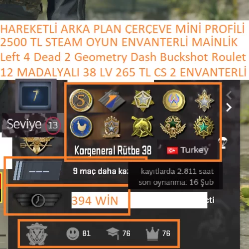  12 MADALYALI 38 LV 265 TL CS 2 ENVANTERLİ Geometry Dash 2500 TL