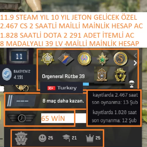  8 MADALYALI 39 LV CS 2 2.467 SAATLİ DOTA 2 1.828 SAATLİ 291 İTEM AD